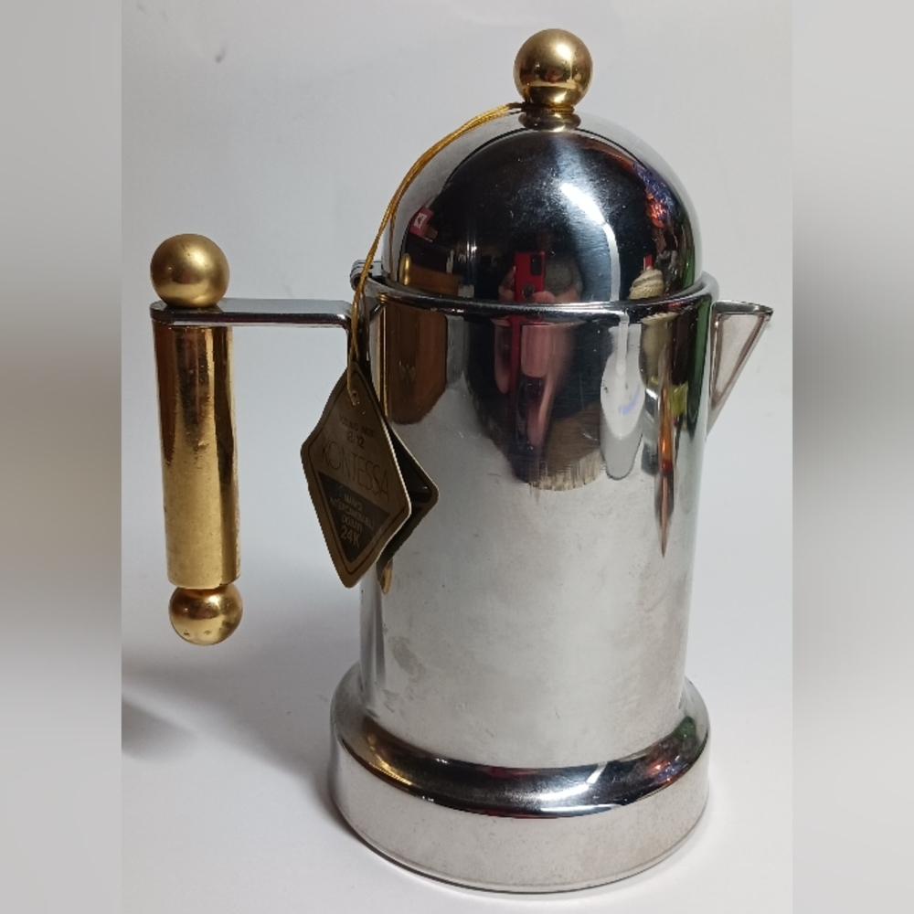 Italian Inox Kontessa Stainless Milk Jug, Gilt Handles, 6"H